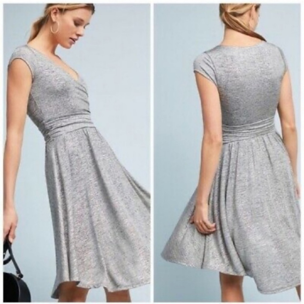 Anthropologie Maeve‎ silver metallic Tamara faux wrap short sleeve mini dress XS